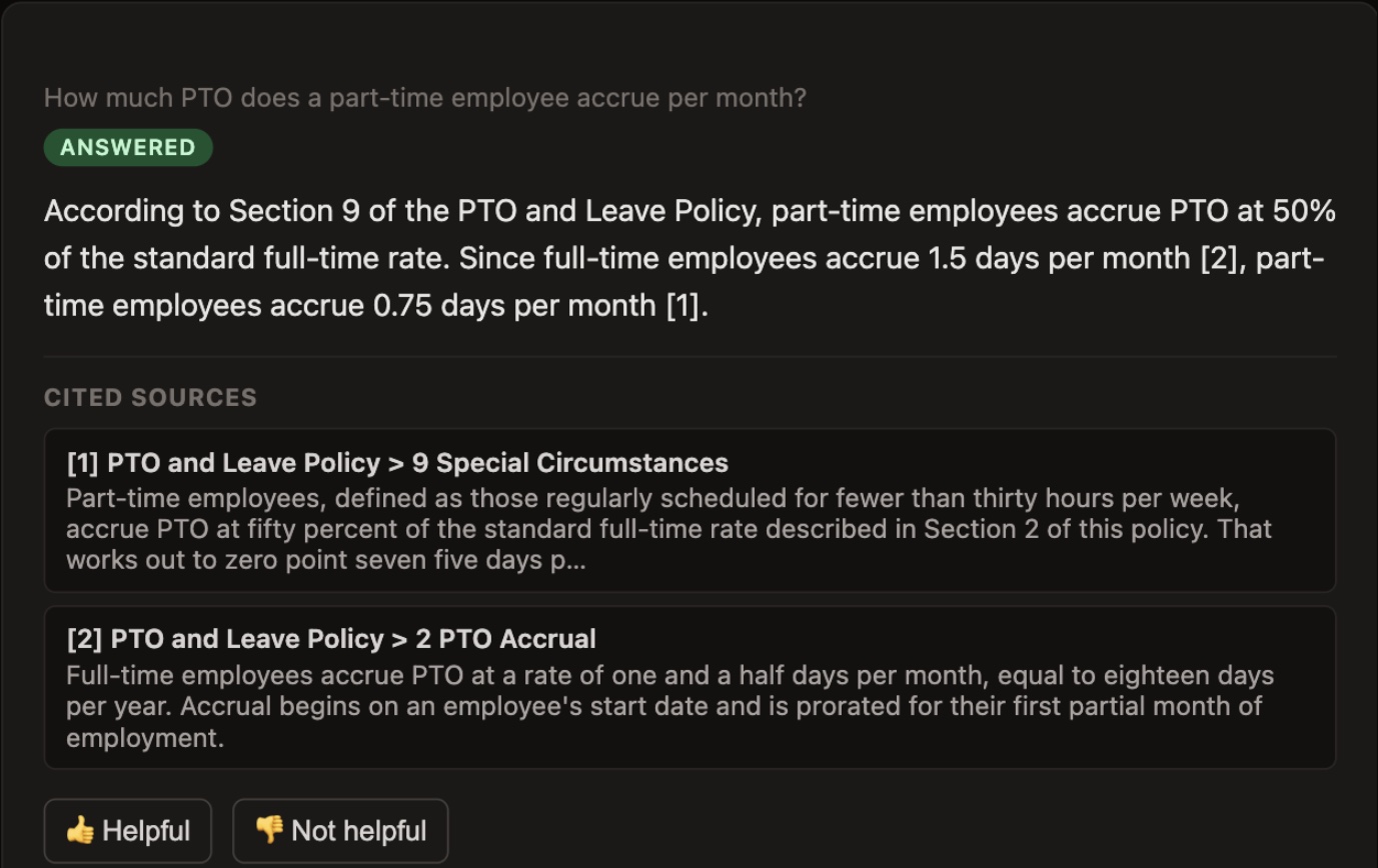 The assistant UI answering a question about part-time PTO accrual, citing two separate sections of the same policy document, section 9 for the part-time modifier and section 2 for the base full-time rate, and correctly combining them into a single numeric answer.