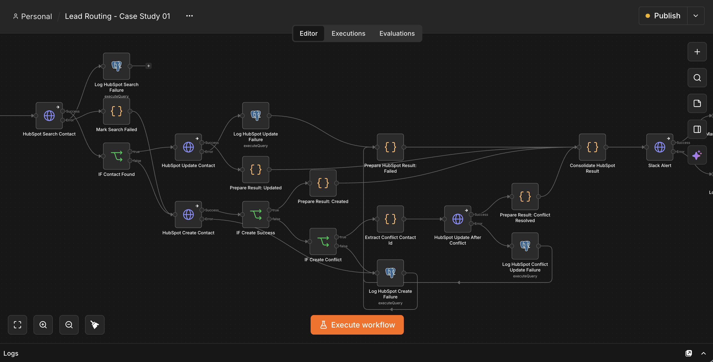 Close-up of the CRM write logic: search by email, then update or create, with a branch that catches two near-simultaneous submissions both trying to create the same contact and recovers by updating the one that already exists instead of erroring.